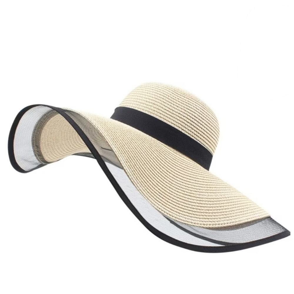 Adjustable Wide Brim Straw Sun Hat with Black Sheer Trim and Band